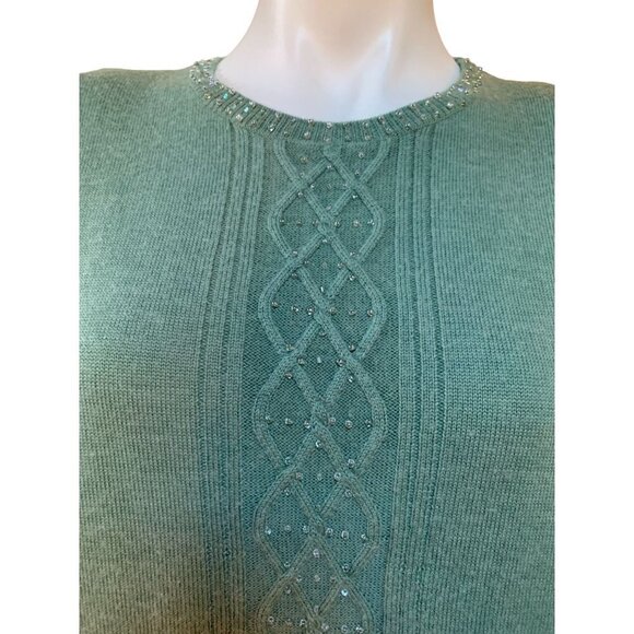Vintage 90s Cable Knit Short Sleeve Sweater Shirt Beaded Green Large - Picture 2 of 9